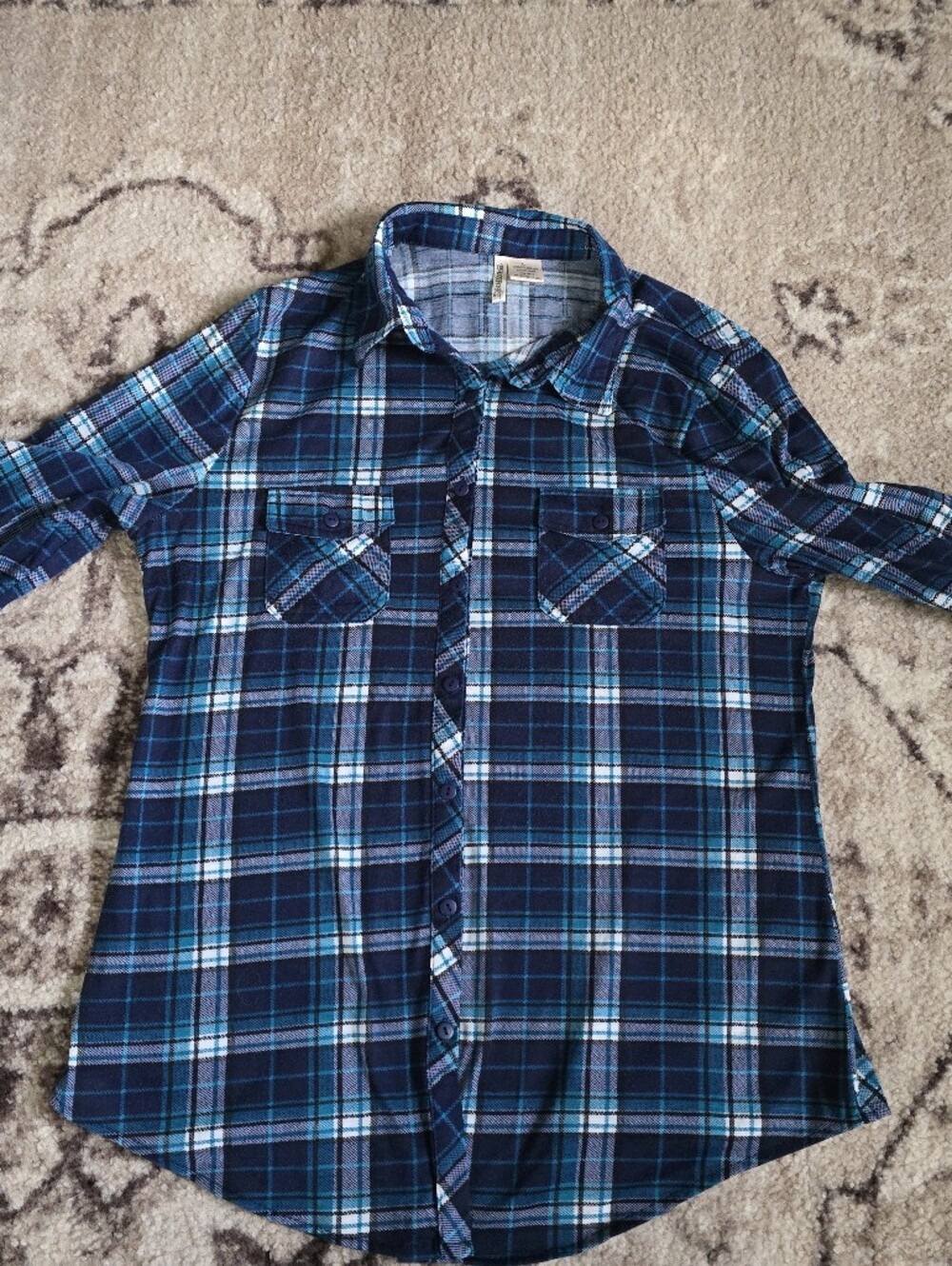 Passport Women's Navy and Teal Plaid Button-Down Shirt